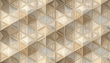 A geometric pattern of light beige and tan wood-toned triangles creates an eye-catching, three-dimensional effect.