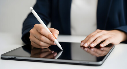 A businesswoman signs a digital document using a stylus on a tablet, signifying a modern business agreement and technological advancement.