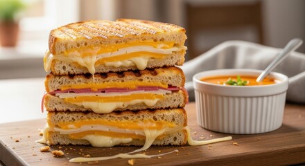 Delicious Stacked Grilled Cheese Sandwich With Tomato Soup