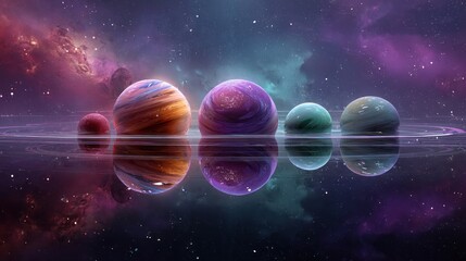 Five colorful planets are reflected in a dark liquid, space nebula background above
