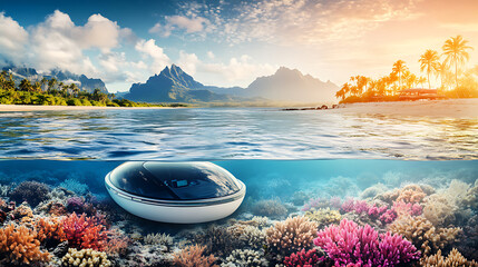 Underwater Submersible Exploring Vibrant Coral Reef Near Tropical Island