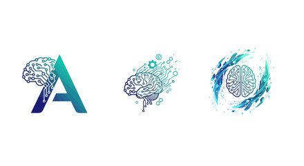 Artificial intelligence brain logo designs with circuitry and gradients