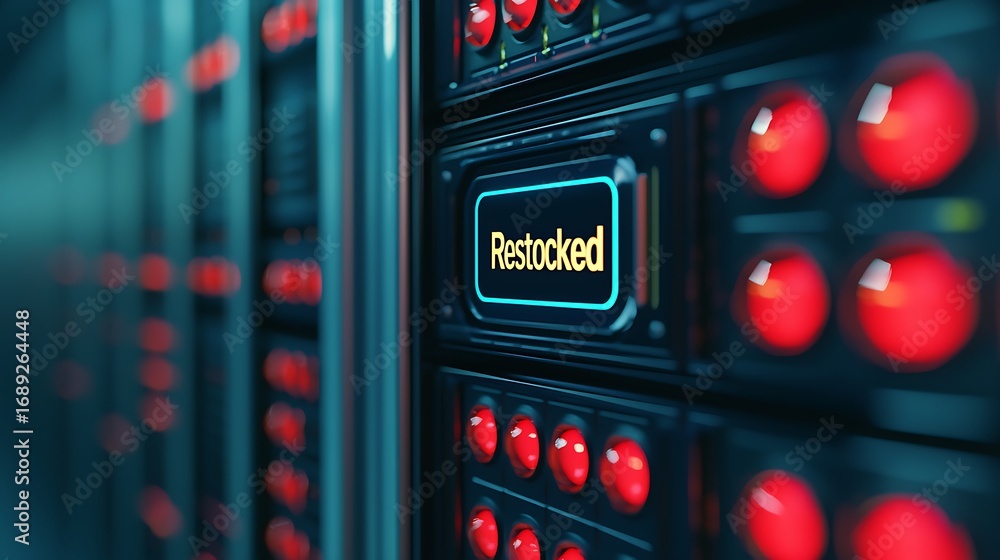 Poster a close-up view of a data server with illuminated red indicators and a prominent 