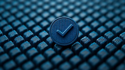 A textured blue background with a prominent round checkmark symbol, suggesting themes of completion, verification, and digital design.
