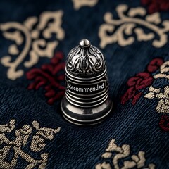 A decorative silver bell with "Recommended" inscribed, placed on a richly patterned fabric background featuring ornate floral designs.
