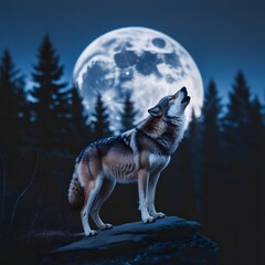 Naklejka premium A bold silhouette of a wolf standing on a cliff, howling at a giant full moon with a pine forest inside the moon’s glow. Clean lines make it perfect for a striking T-shirt graphic