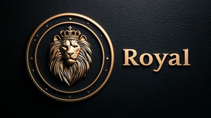 A luxurious emblem featuring a lion's head with a crown, accompanied by the word "Royal," set against a textured black background.