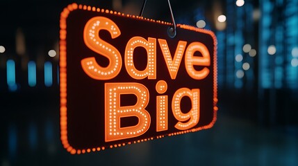 A vibrant sign illuminated in orange that reads "Save Big," promoting discounts and deals in a retail environment.