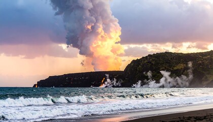Volcanic eruption at sunset over a black sand beach