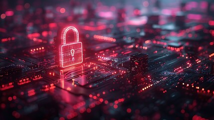 Secure digital padlock glowing on intricate circuit board with vibrant red data streams