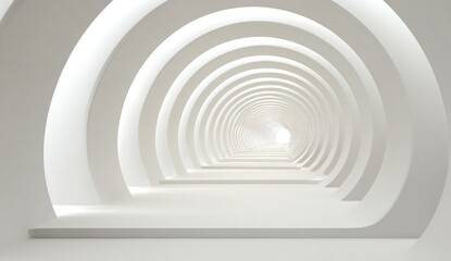 Fototapeta premium A minimalist, architectural pathway of concentric arches leads to a bright, distant light source, creating a sense of infinite depth and ethereal tranquility.