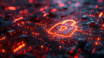 Glowing digital padlock symbolizes cyber security and data protection on abstract circuit board
