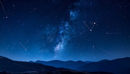 Nighttime landscape of a mountain range under a starry sky with the Milky Way and shooting stars