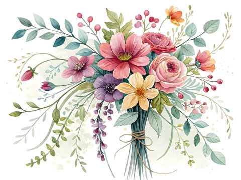 Watercolor floral arrangement with pink roses and purple blossoms bouquet