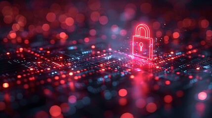 Secure digital network protection glowing neon lock on circuit board, cyber security concept