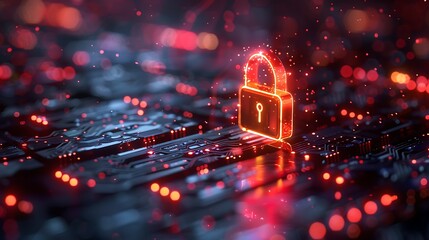 Glowing digital padlock symbolizes secure data protection and cybersecurity on futuristic circuit board