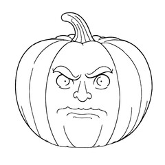 Halloween Pumpkin with Man features cartoon pumpkin with angry face, large expressive eyes, small nose, long beard. Concept of Halloween Pumpkin with Man as coloring book page.