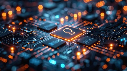 Digital padlock secures glowing circuit board with vibrant neon data streams creating secure network