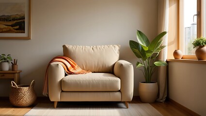 Cozy Interior: Experience serene comfort and understated elegance in this sun-drenched living space, featuring a plush armchair adorned with a warm throw.