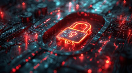 Digital padlock secures glowing circuit board with vibrant neon data streams creating secure network