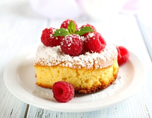 Heart-shaped cake topped with raspberries and powdered sugar