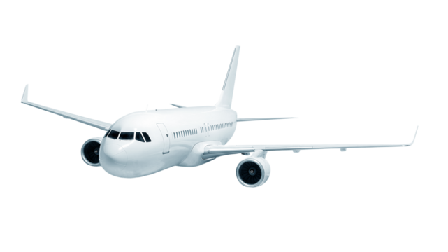 White commercial jet airplane with dual jet engines in flight, visible from a corner front view, isolated on a transparent background suitable for marketing or educational use.