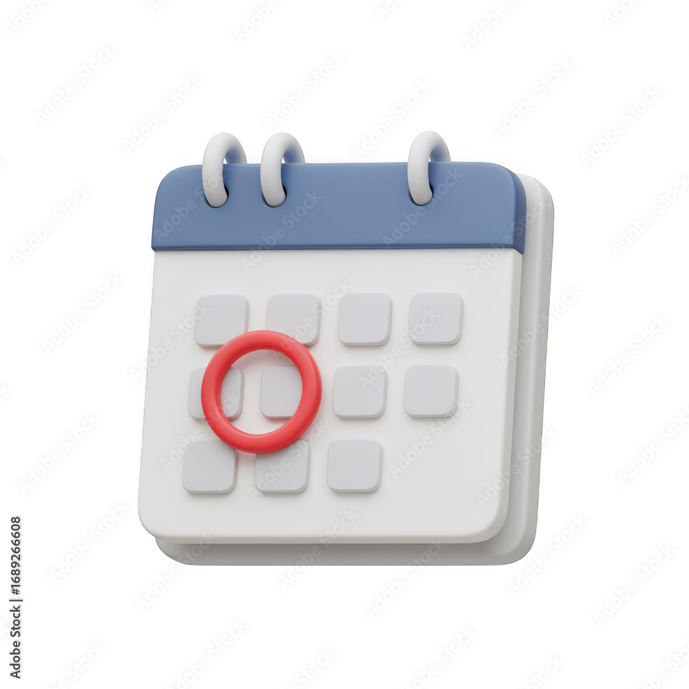 Poster 3d calendar icon with red circle marking a date isolated on transparent background
