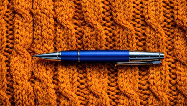 Blue pen resting on orange cable knit fabric.