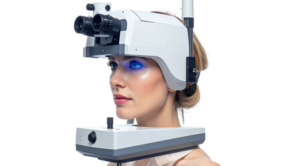 Close-up profile of a woman undergoing an eye examination with a phoropter and optometric equipment against a clean white background.