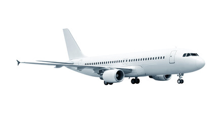Obraz premium White commercial jet with two jet engines and landing gear, viewed from the corner front, isolated on a transparent background for infographics and educational projects.