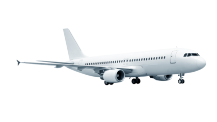 White commercial jet with two jet engines and landing gear, viewed from the corner front, isolated on a transparent background for infographics and educational projects.