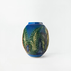 Ornate blue ceramic vase with intricate floral and foliage design