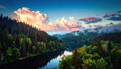 Scenic mountain river valley at sunset