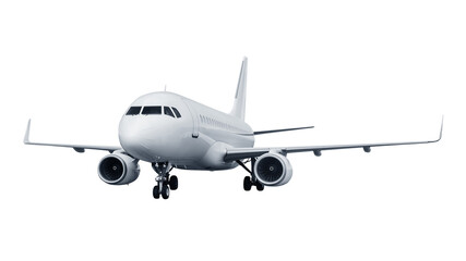 Obraz premium White commercial airplane with two jet engines and visible landing gear, seen from the front, isolated on a transparent background for posters, infographics, and educational uses.