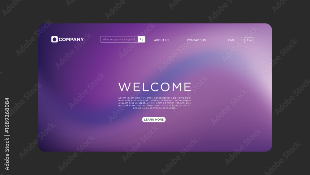 Poster modern website welcome page design with elegant purple gradient background and call to action