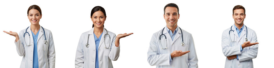 Fototapeta premium Collection of smiling female and male doctors wearing a white lab coat and a stethoscope, looking at the camera, with his right hand open as if presenting something, isolated on a white background