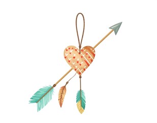 Heart-shaped charm with arrow and feathers