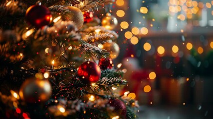 A beautifully decorated Christmas tree glowing with warm golden fairy lights - Powered by Adobe