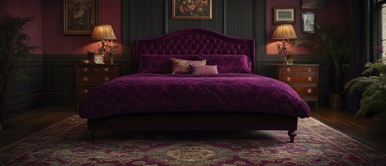Opulent Master Bedroom with Sumptuous Deep Purple Velvet Tufted Bed, Dark Paneling, and Warm Ambient Lighting