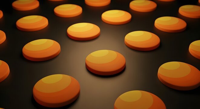 An array of orange and yellow circular objects on a dark background in a repeating pattern design style