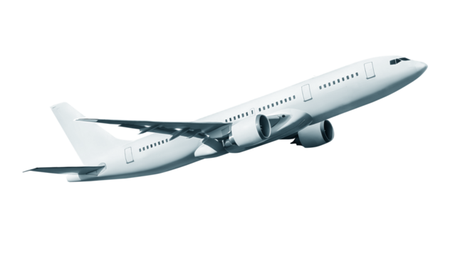 White two-engine commercial jet plane flying take off shown from a side view low angle isolated on a transparent background ideal for infographics, posters, and educational content
