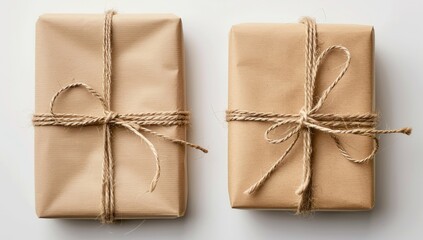 Two identical kraft paper wrapped gifts tied with twine