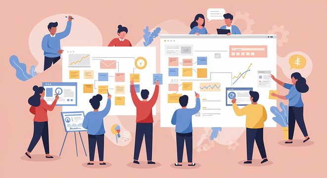 A team of diverse business people is collaborating on a presentation, showcasing their success and togetherness through technology and communication