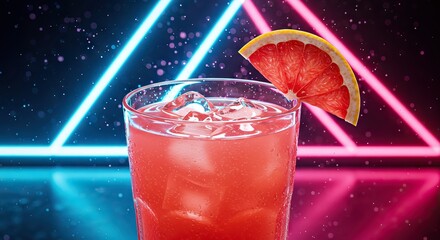 A glass of pink liquid with ice  a grapefruit slice set against neon blue  pink triangles