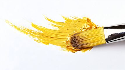 Close-up of a fine paintbrush spreading vivid yellow paint on white background