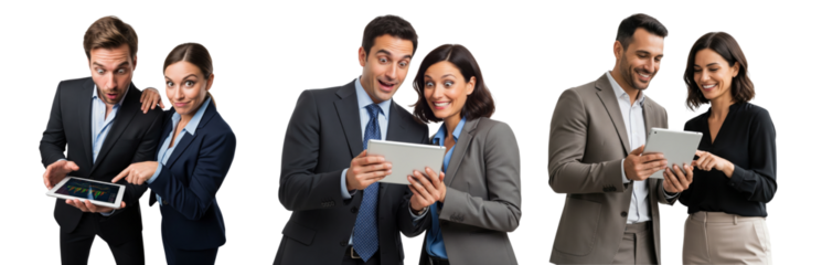 Collection of business people, with modern style working on silver tablet, while standing isolated on white background