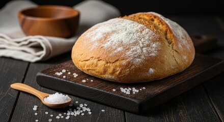 Freshly Baked Round Loaf of Bread with Coarse Salt Scattered Around