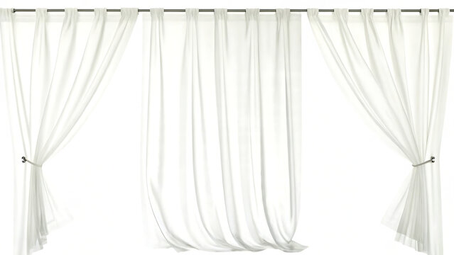 White sheer curtains with different drapery, semi-transparent alpha channel isolated on white background PNG
