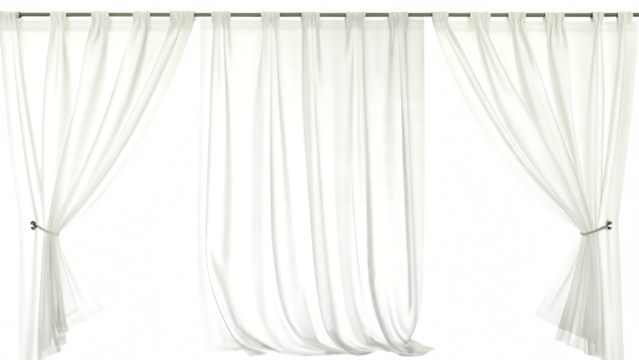 White sheer curtains with different drapery, semi-transparent alpha channel isolated on white background PNG