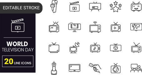 World TV Day Outline Vector Icons | Broadcast, Screen, Remote, Antenna, Media, Digital Communication